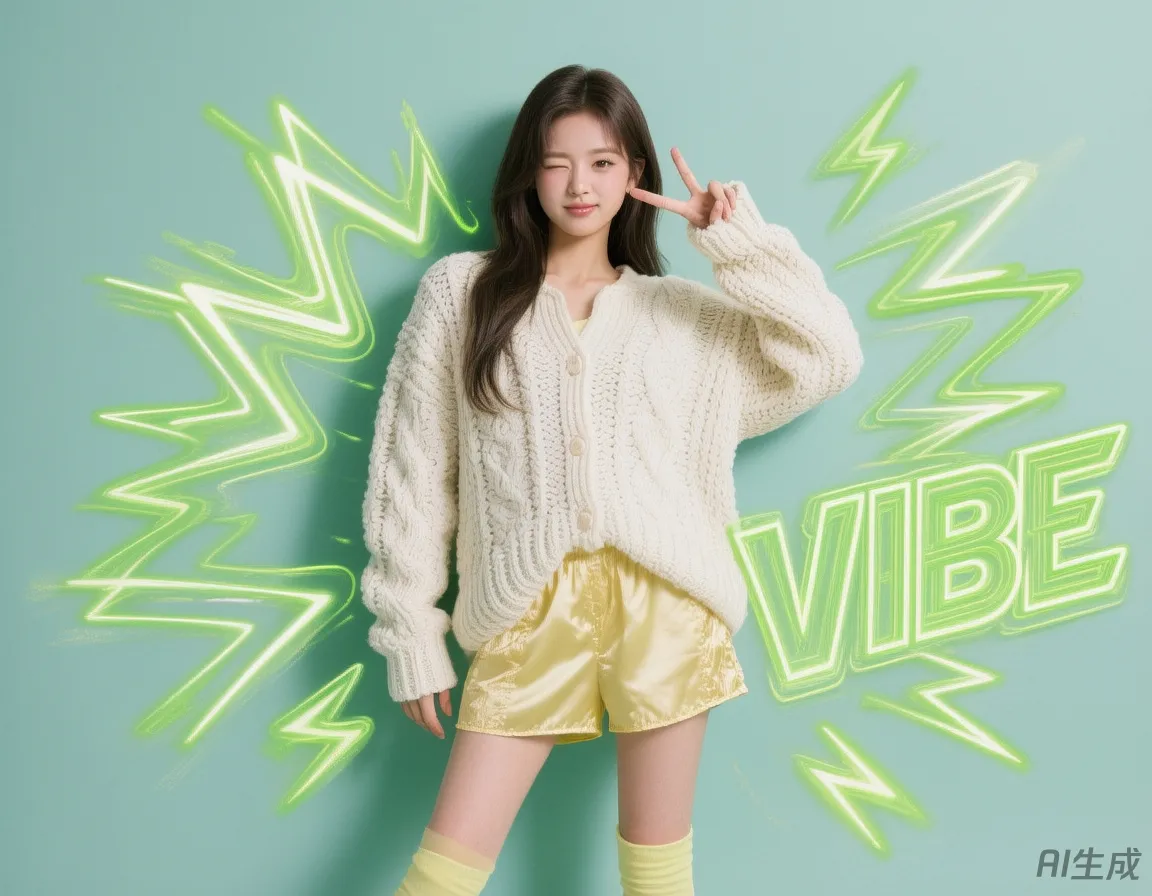 Full-body portrait of an East Asian woman leaning against an invisible wall on a soft mint green backdrop, wearing an oversized white cardigan and pale yellow shorts, winking and flashing a peace sign.