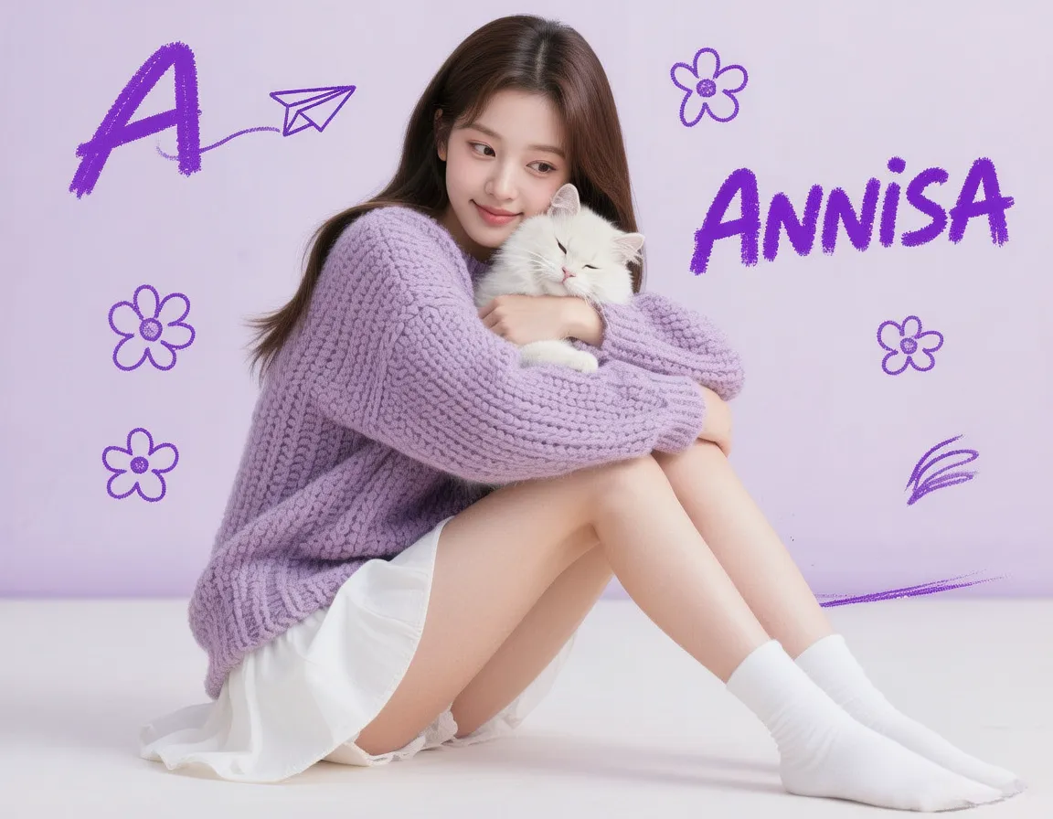 Full-body portrait of an East Asian woman hugging a cat on a light purple backdrop with playful doodles.