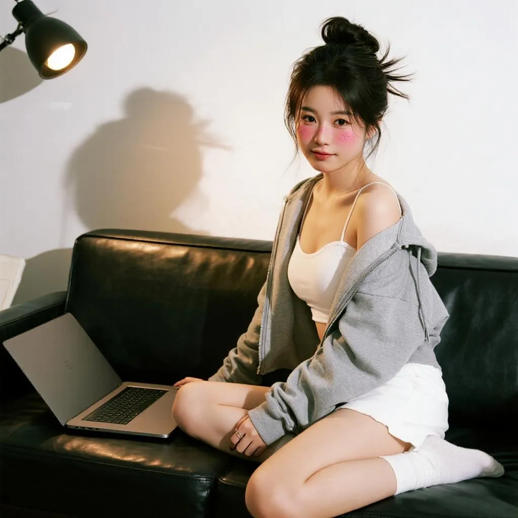 Girl winking while sitting on knee