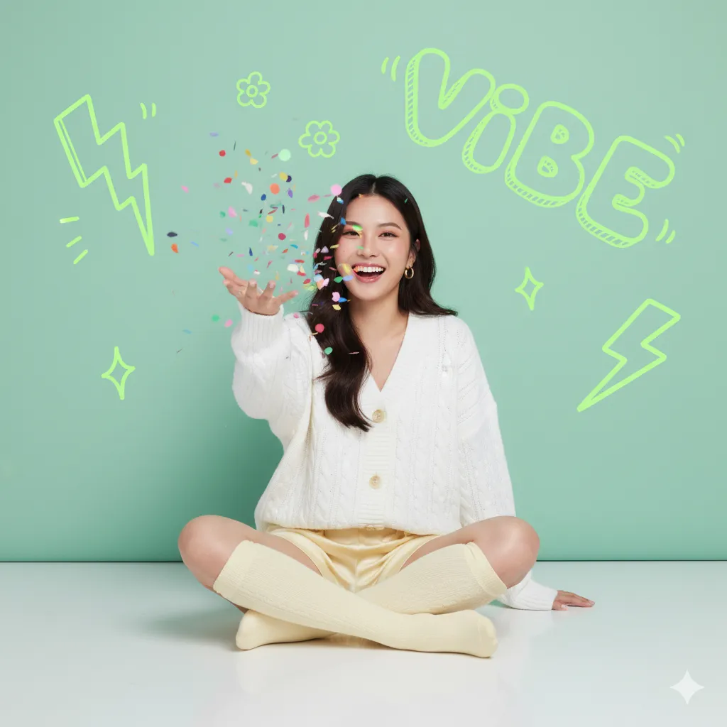 K-pop style girl in mint green sitting