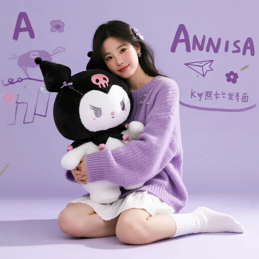 East Asian woman sitting on a light purple backdrop hugging a large Kuromi plushie in a K-pop photocard style.