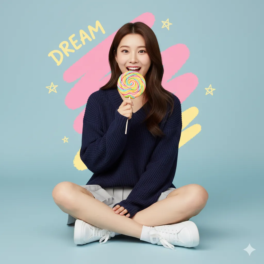 K-pop style girl in sky blue sitting cross-legged