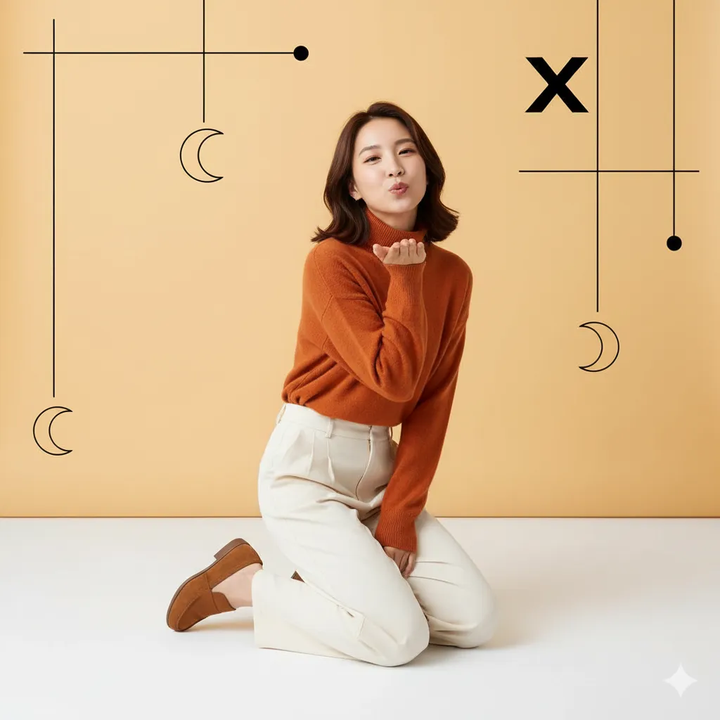 Full-body portrait of an East Asian woman kneeling in a rust orange turtleneck against a warm cream yellow backdrop.