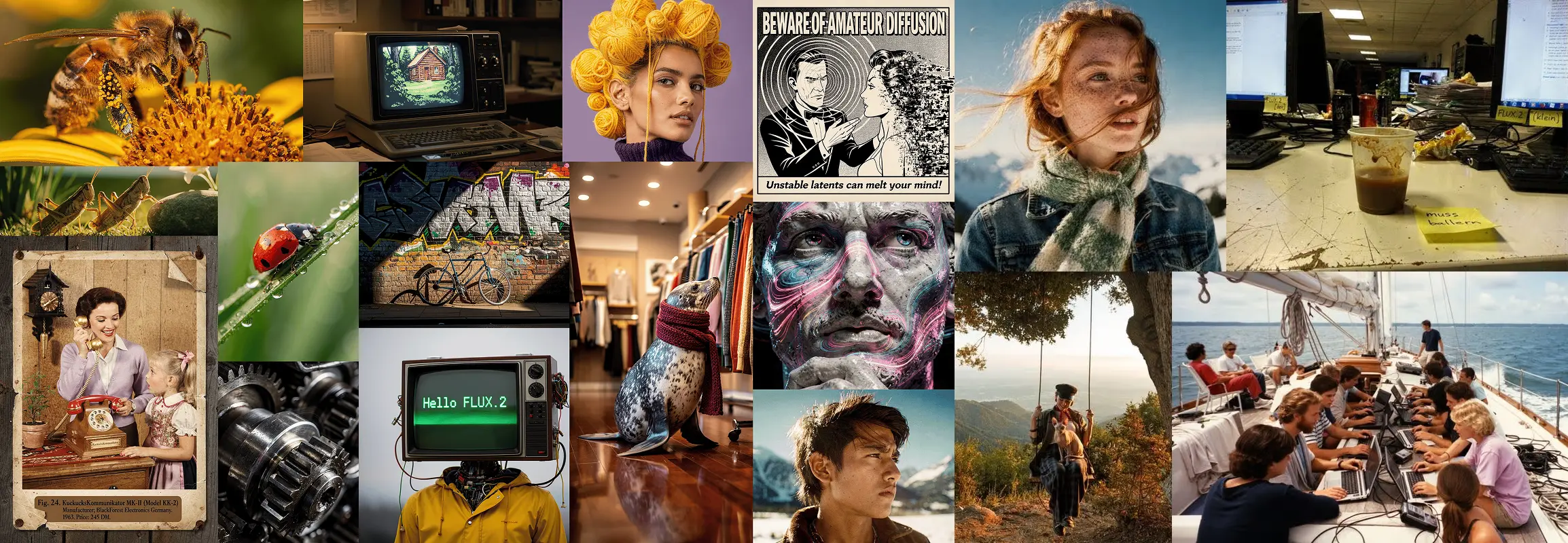 A stunning montage of photorealistic portraits and complex typographic art generated by FLUX.2