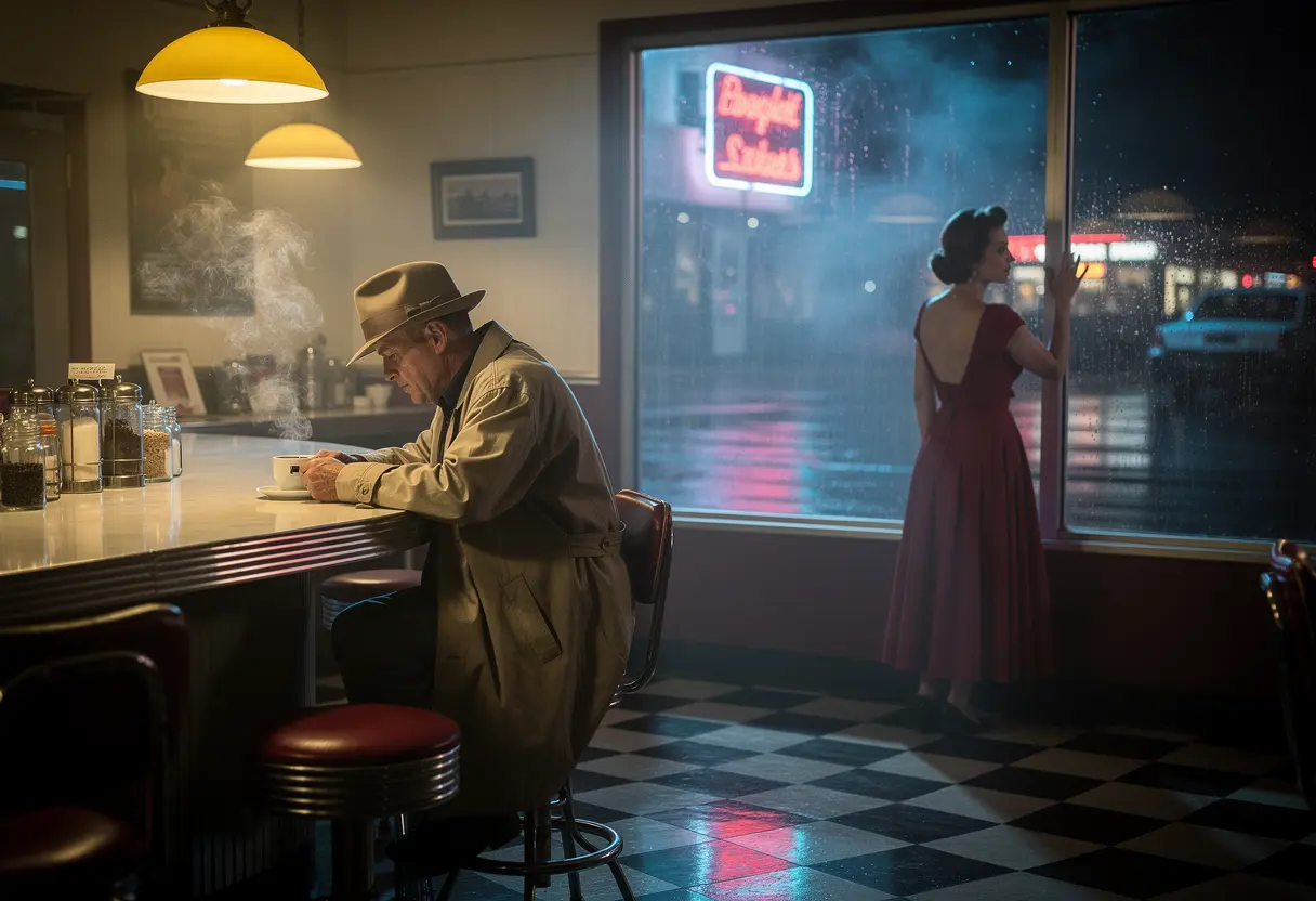 Film noir storyboard with precise character placement