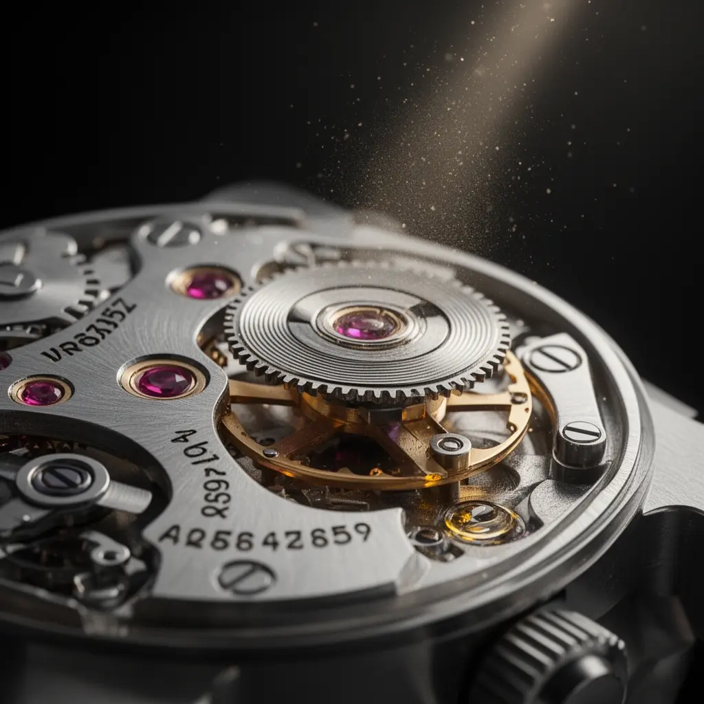Extreme close-up of internal movement of a luxury mechanical watch