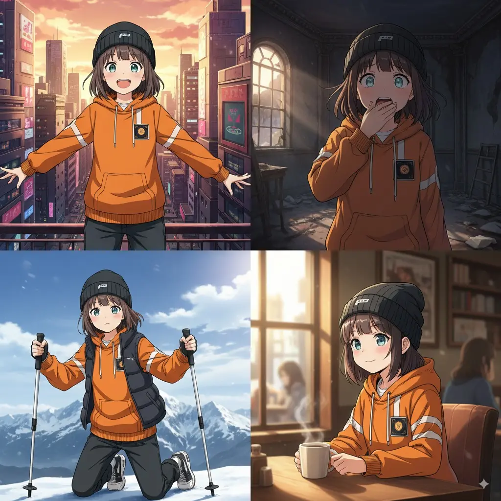 A consistent character shown in different emotional states and environments