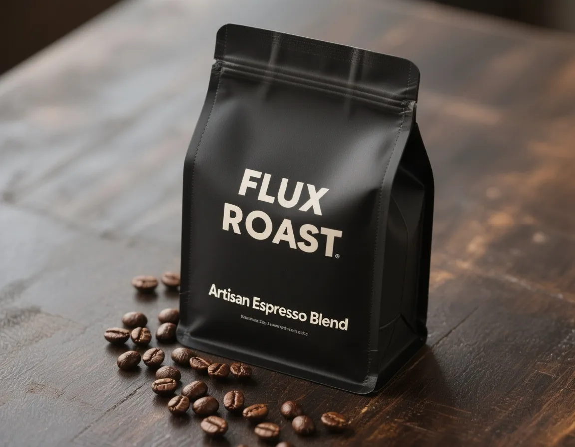 A photorealistic mockup of a coffee bag with custom branding, generated by Hunyuan Image 3.0.