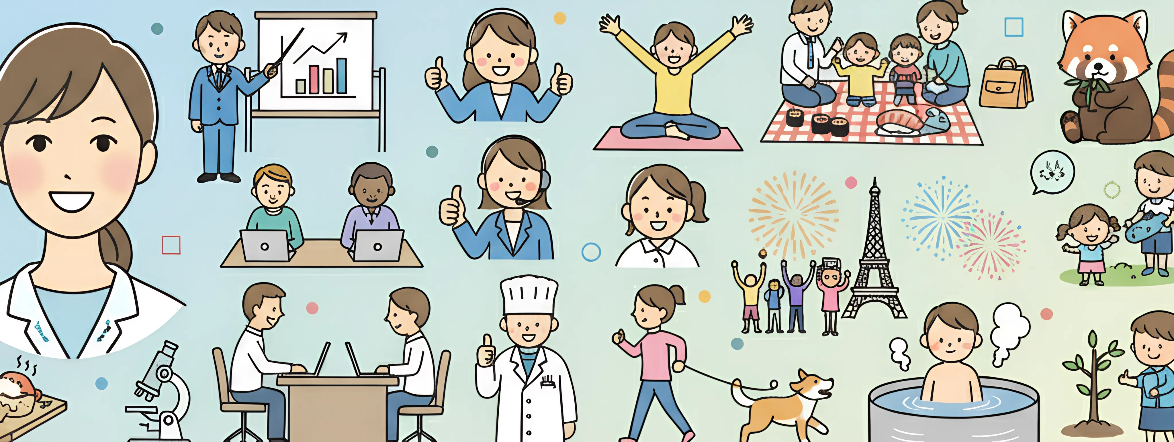 A collage of diverse and charming Irasutoya-style characters and scenes generated by AI.