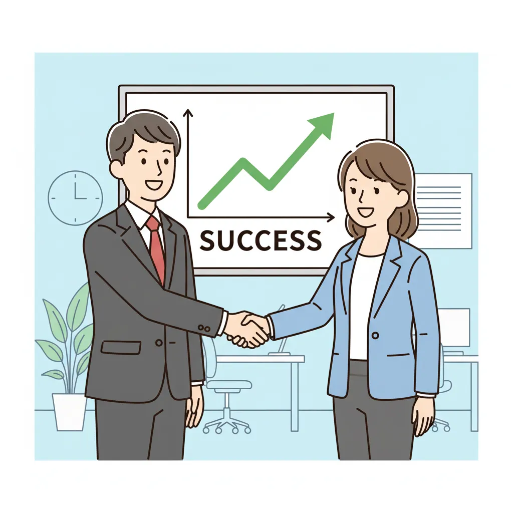 An Irasutoya-style illustration of a business agreement for a presentation.
