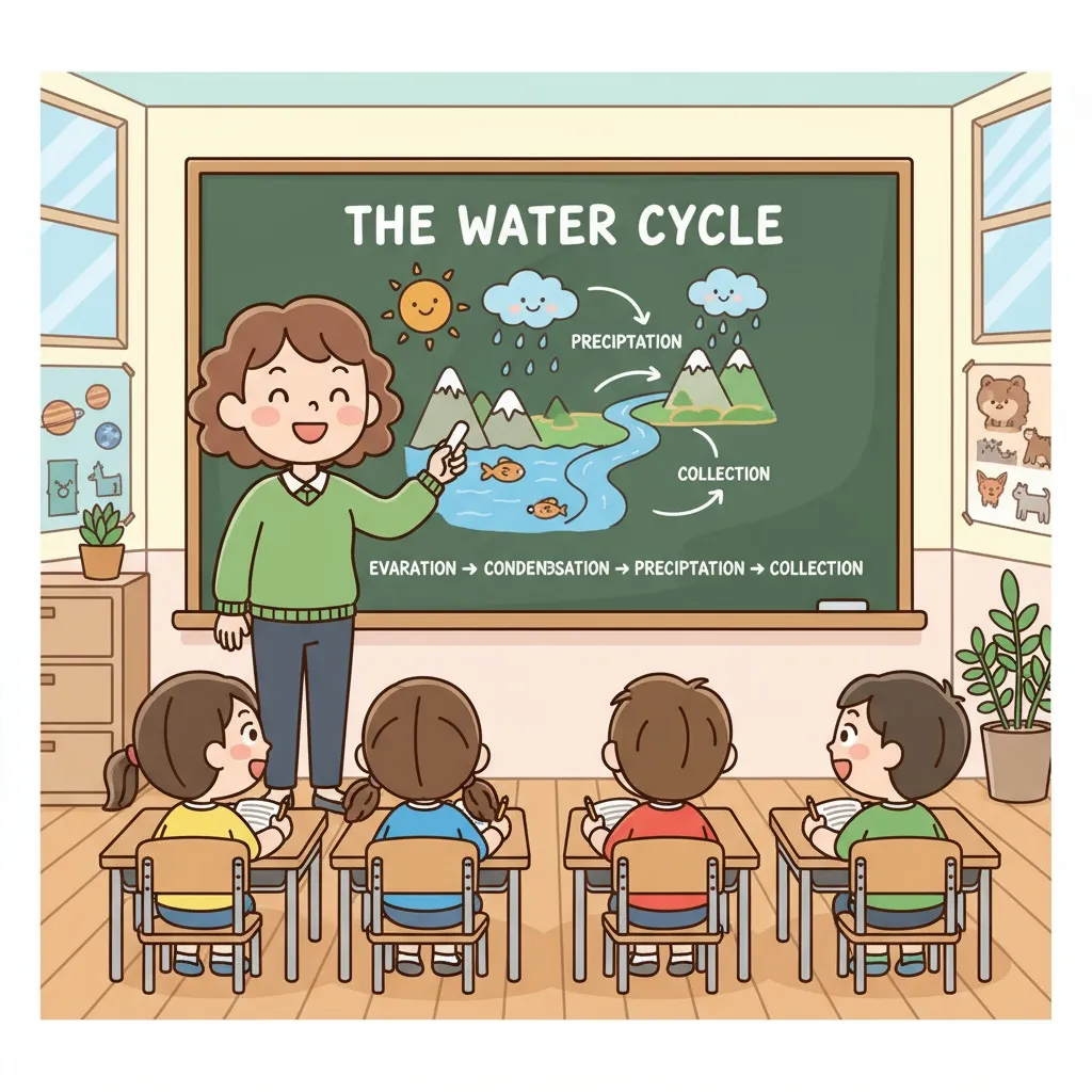 An AI-generated Irasutoya-style illustration of a teacher explaining the water cycle.