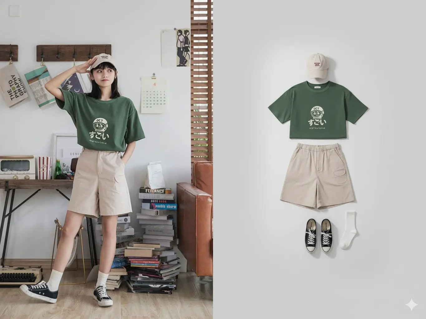 A curated outfit on a person is converted into a clean flat lay for a client lookbook.