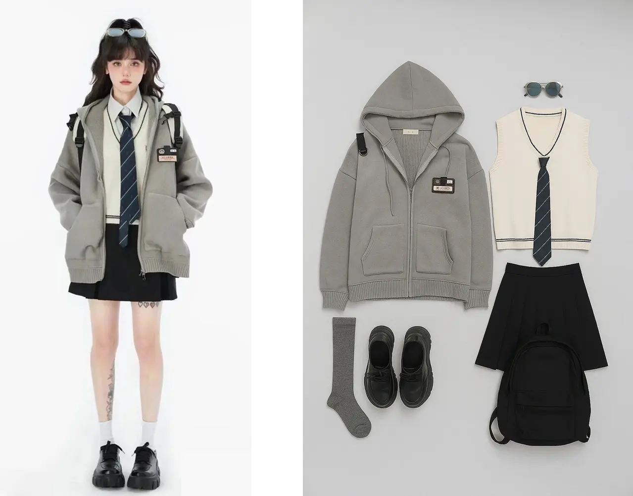 Before and after showing a user's outfit photo transformed into an outfit flat lay.