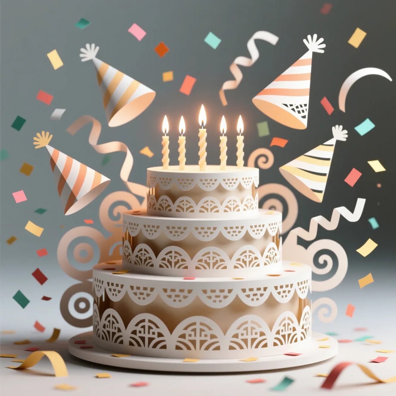 A vibrant, layered paper cutout illustration of a birthday cake.