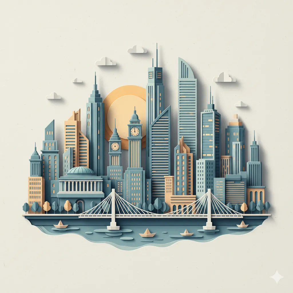 A stylized paper cutout cityscape for website graphics.