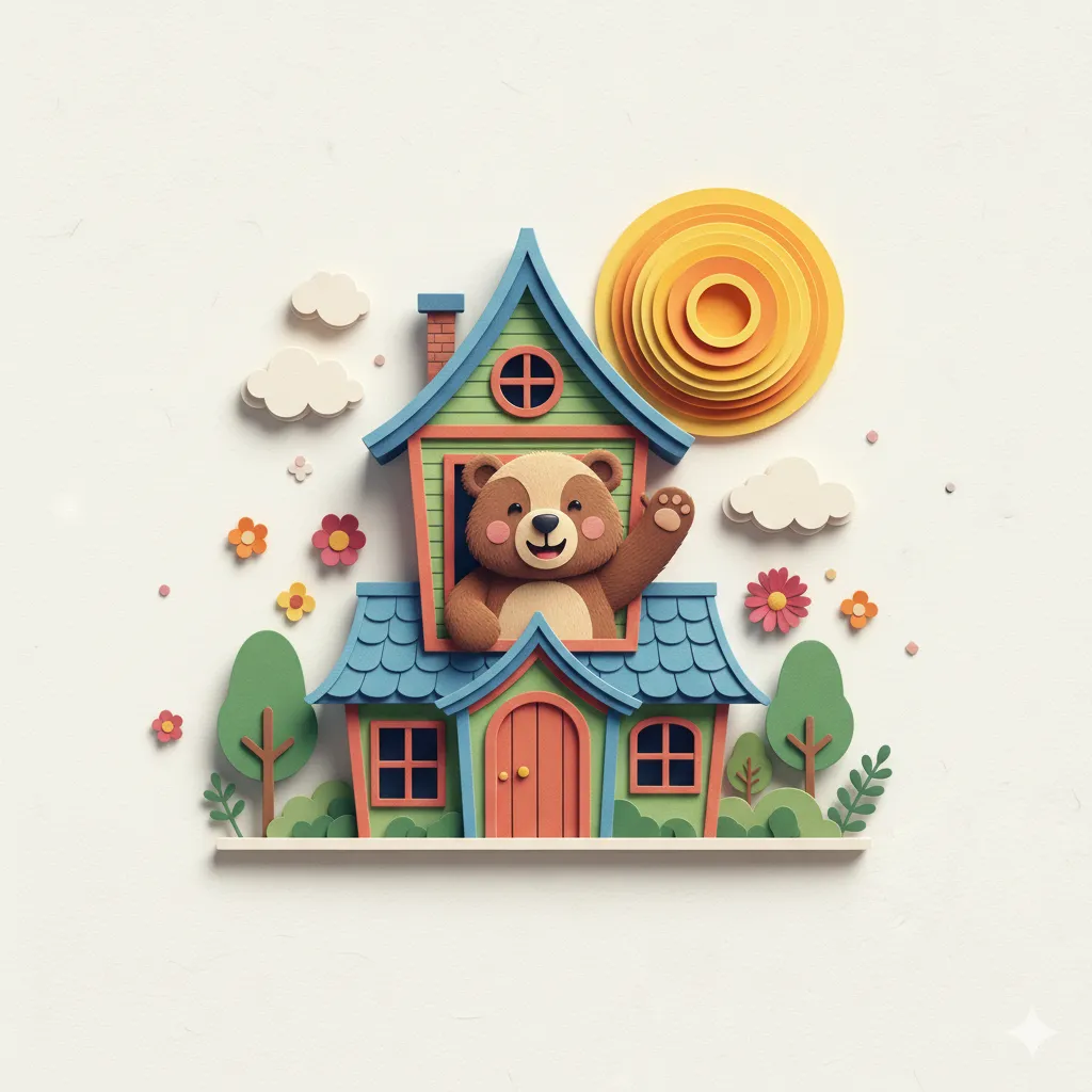 A charming children's book illustration in paper cutting style featuring a bear and a house.