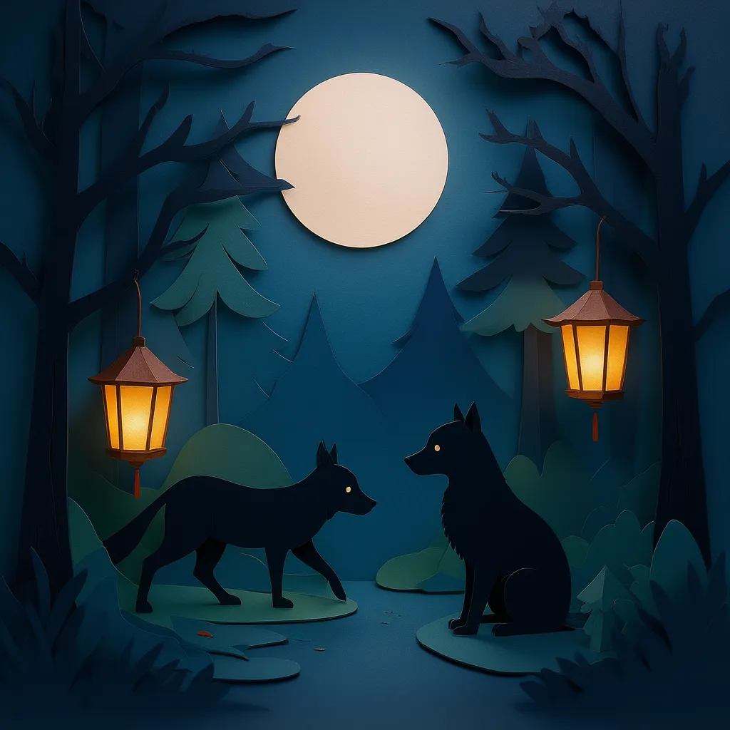 An intricate layered paper cutout art piece of a moonlit forest.