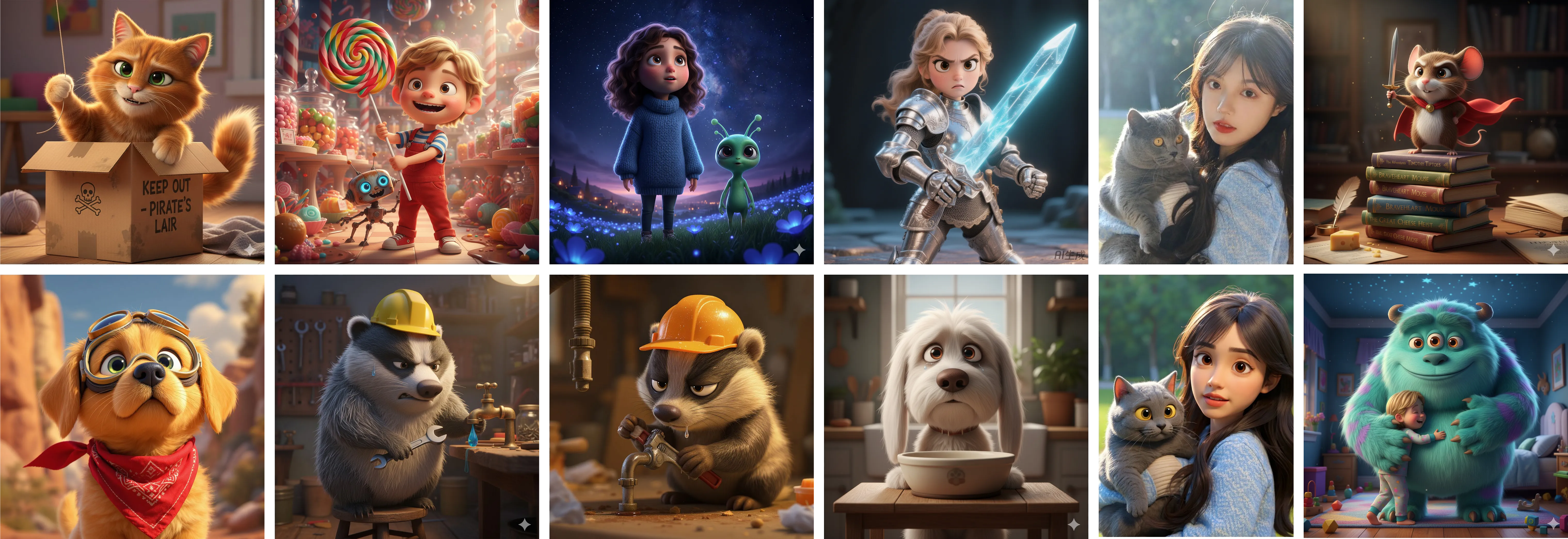 A vibrant collage of 3D characters in the Pixar style, including a brave astronaut and a quirky robot, generated by AI.