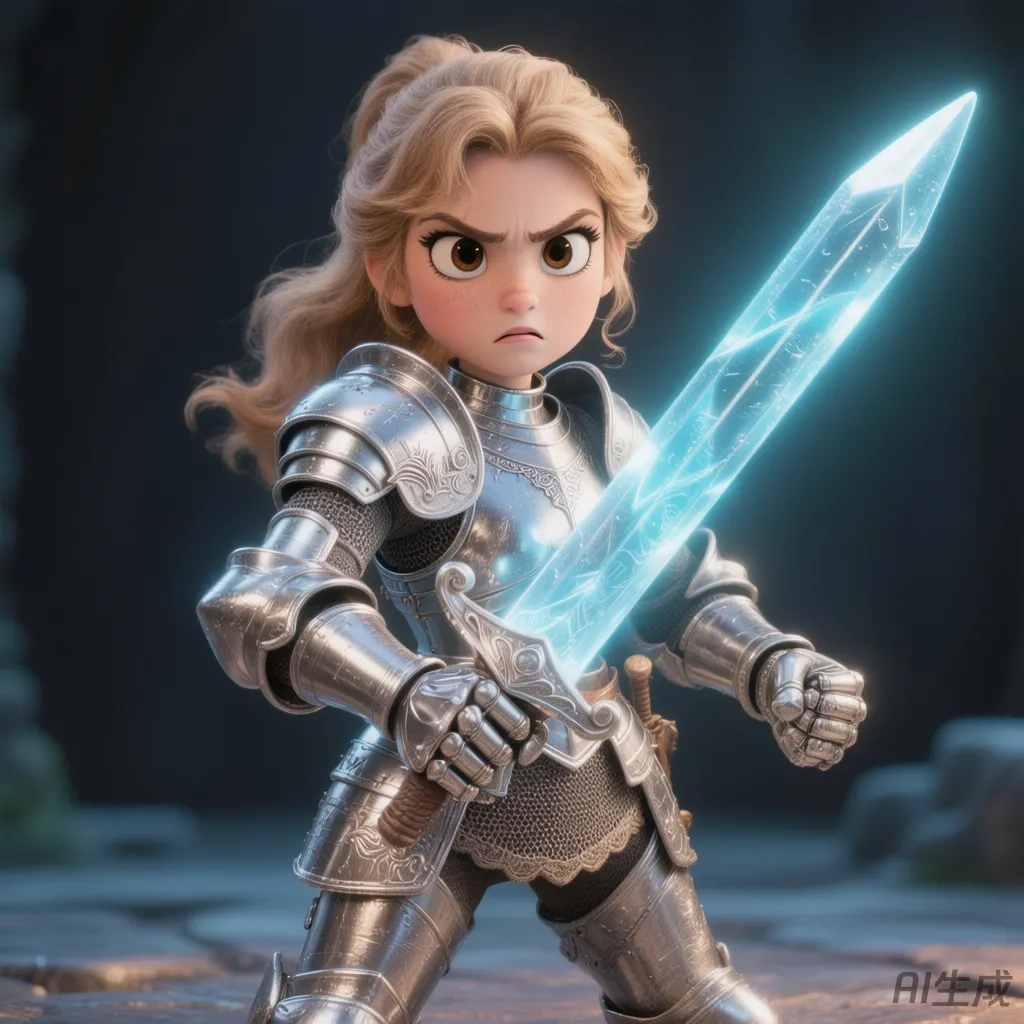 An AI-generated 3D character of a young female knight in the style of Pixar.