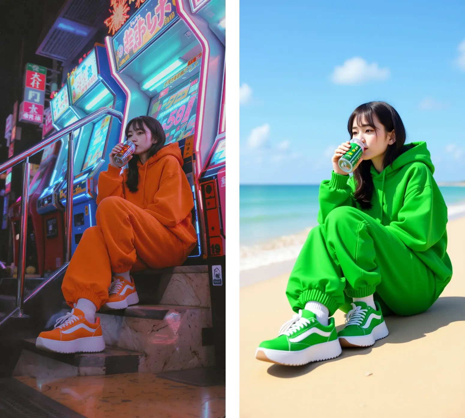 red-girl-to-green-girl sit on sunny beach