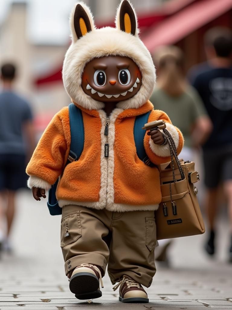AI generated Labubu doll walking on a street