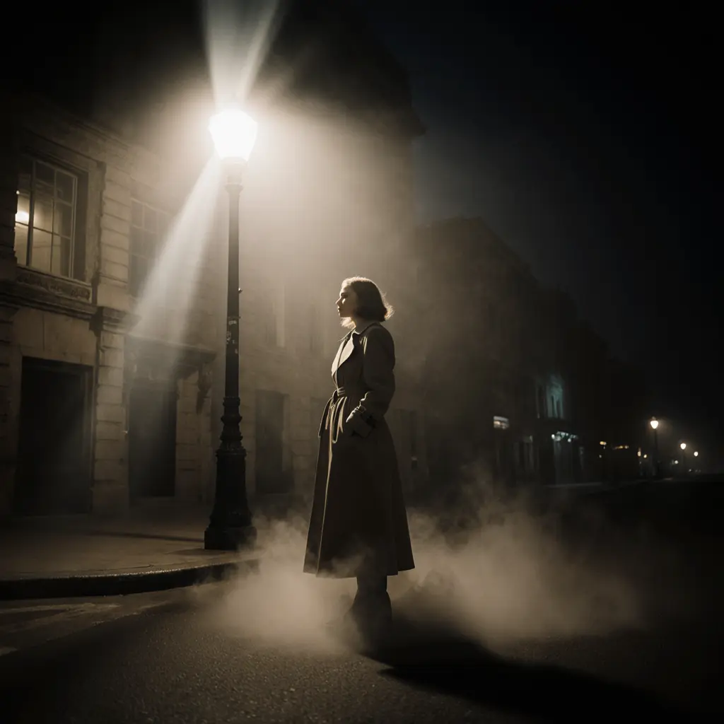 A girl standing on a foggy city street under a lone streetlamp