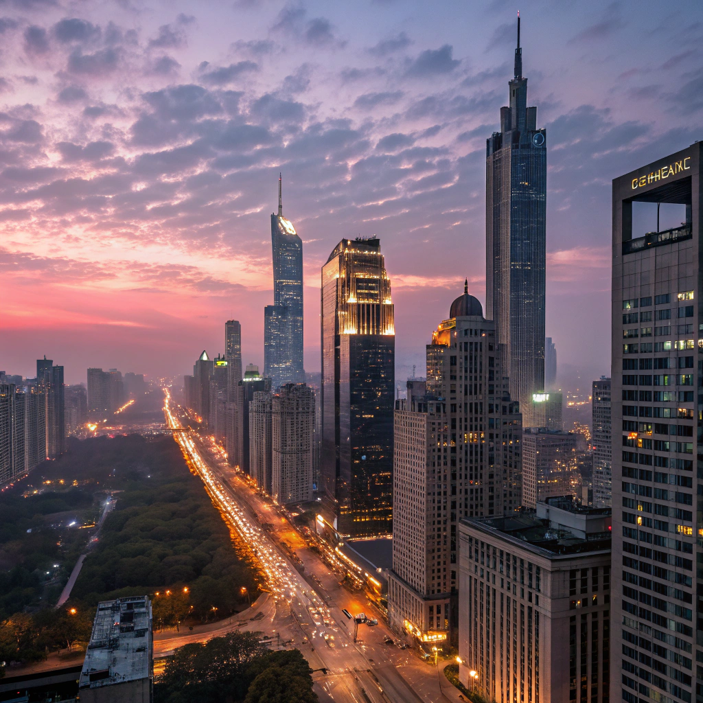 Photograph of a modern city at dusk