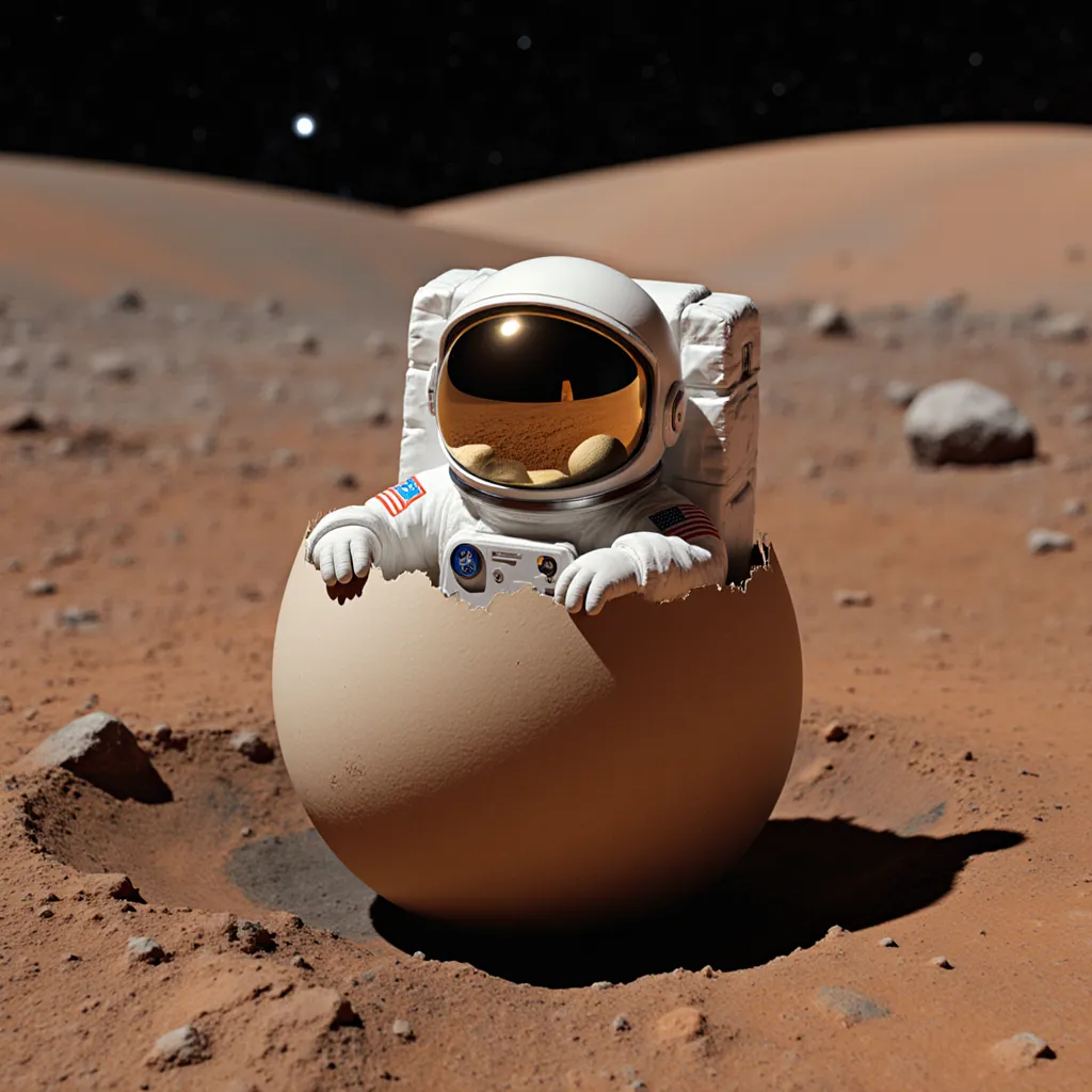 a tiny astronaut hatching from an egg on mars