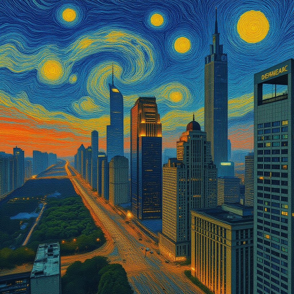 Cityscape rendered in Van Gogh's style