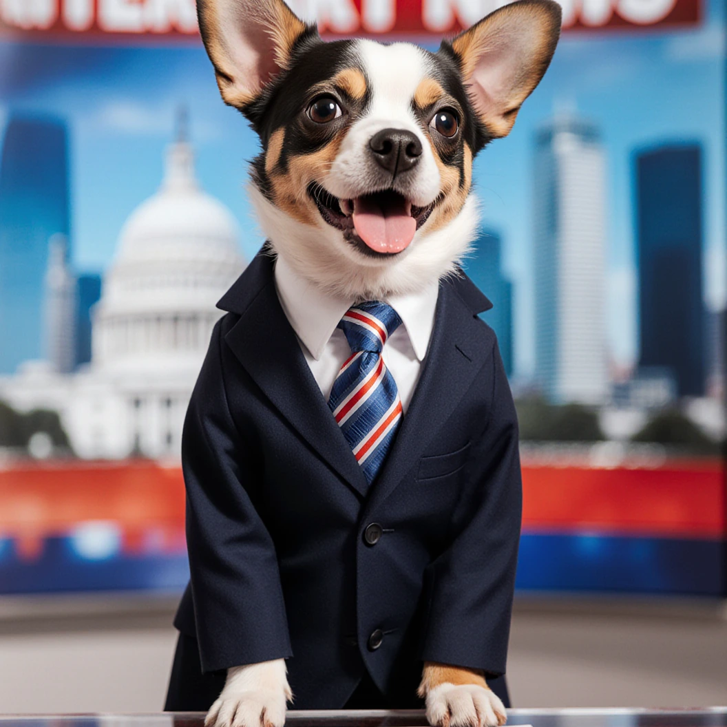 Small dog in suit as news presenter