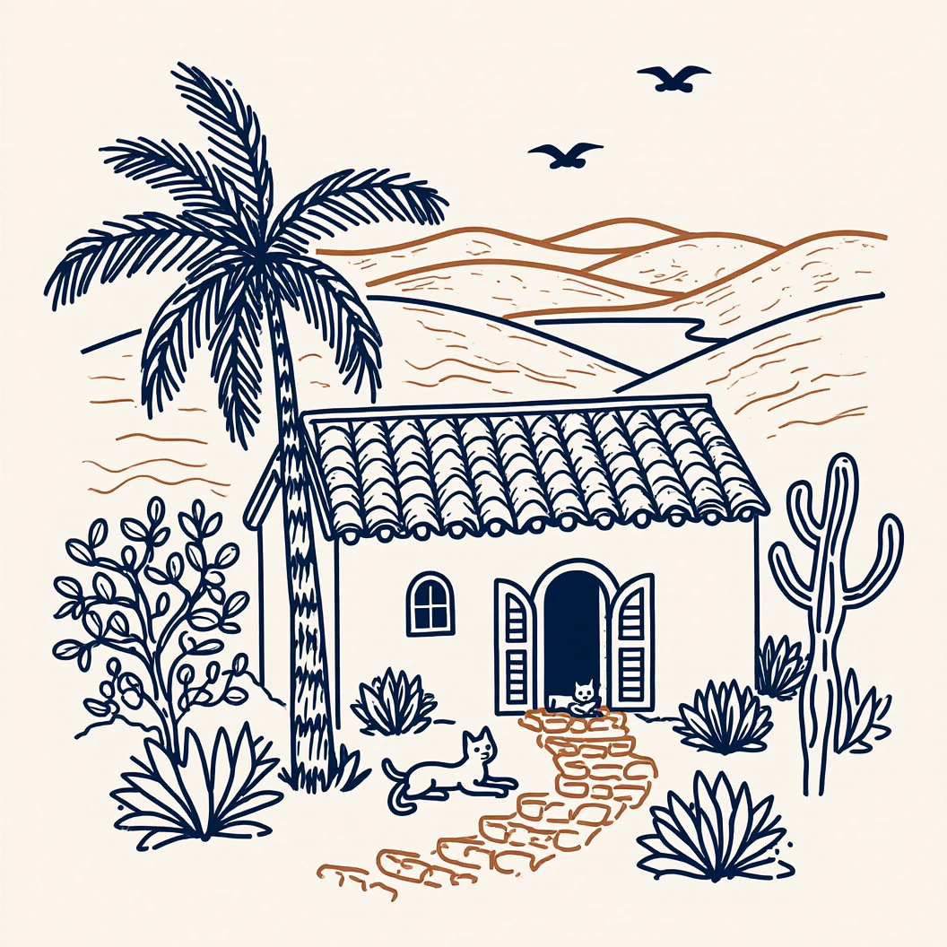 Minimal line drawing of a cozy hillside cottage with a cat on the steps