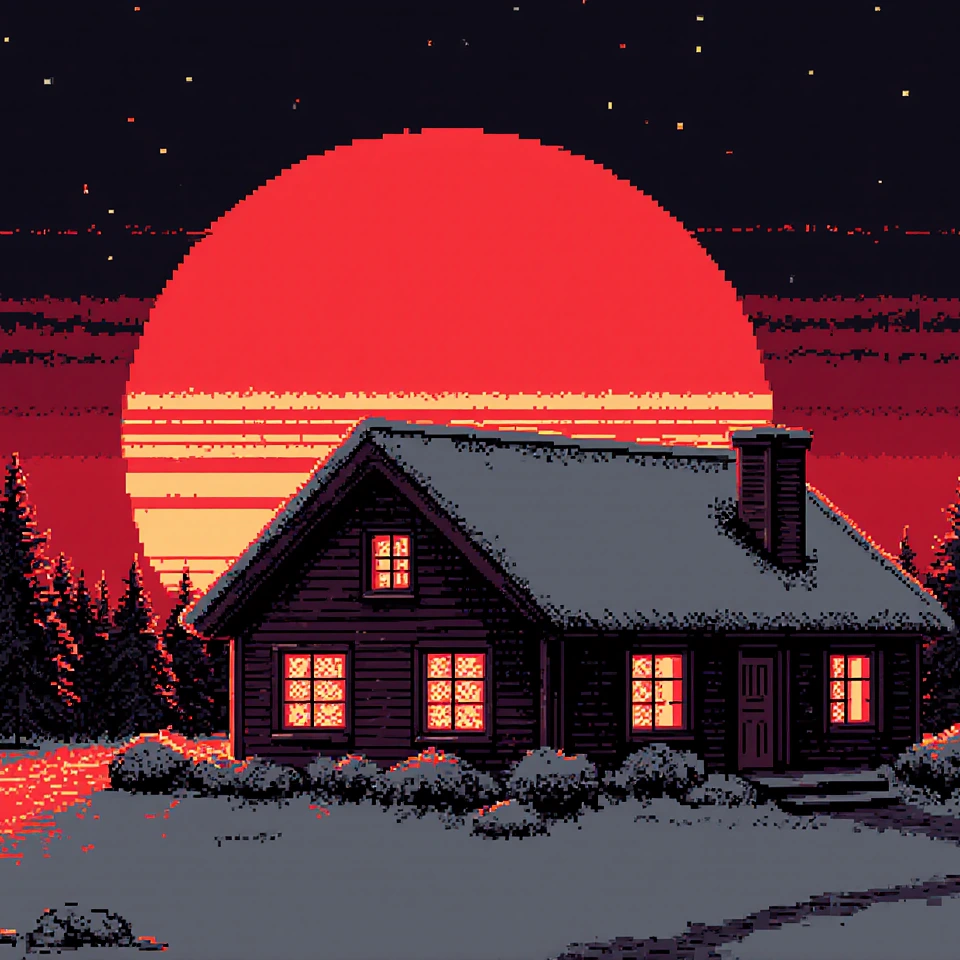 8-bit pixel art of a cozy house at red sunset in winter
