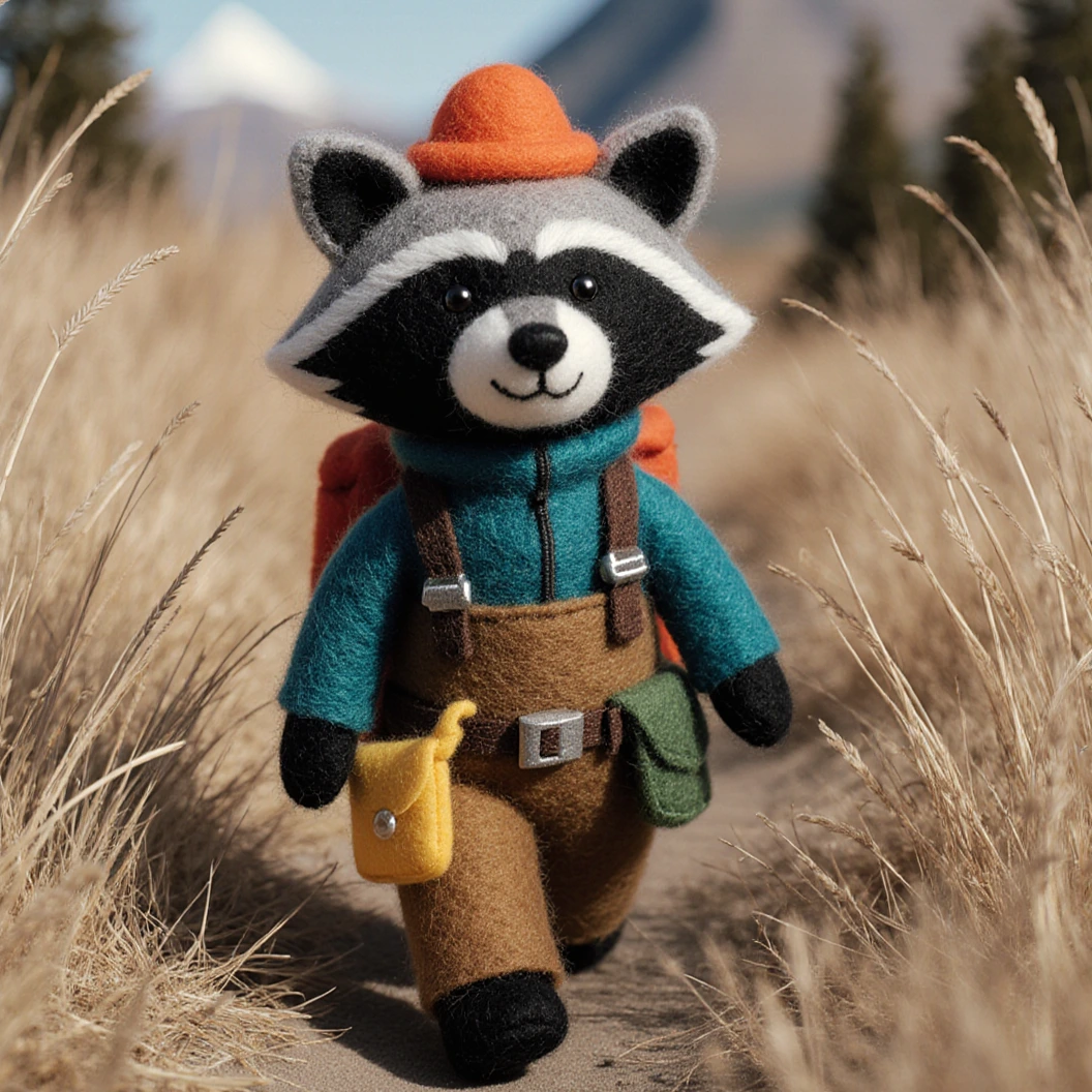 Wool raccoon explorer walking through felt grassland