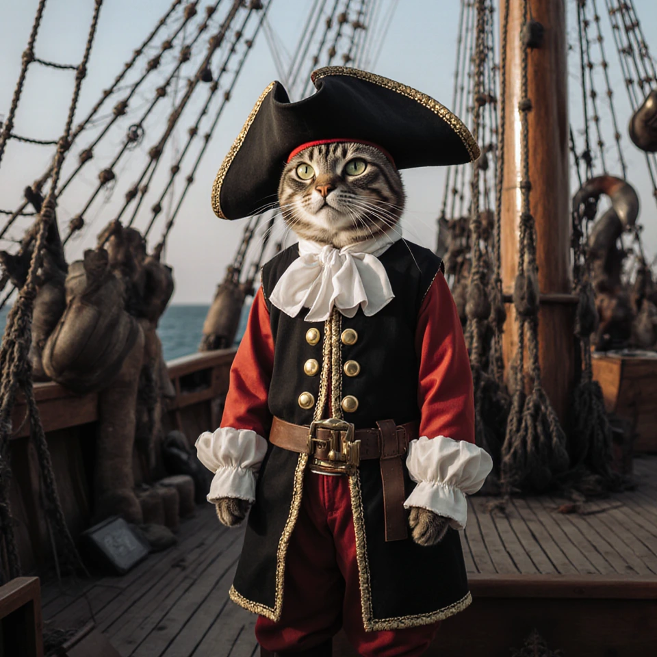 Realistic cat pirate on a ship in chaotic scene